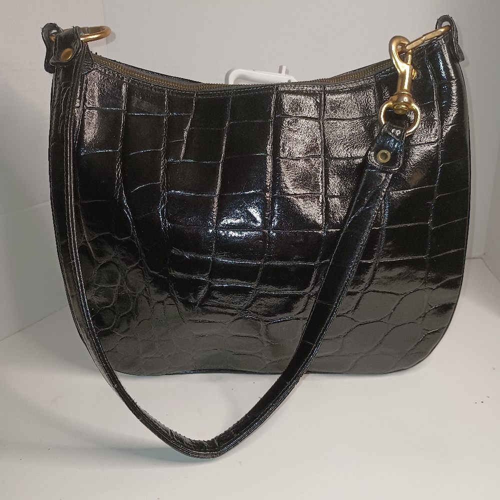 Vintage Black Leather Croc Embossed Shoulder Bag Italy Lampo Zipper w/flaws.  13